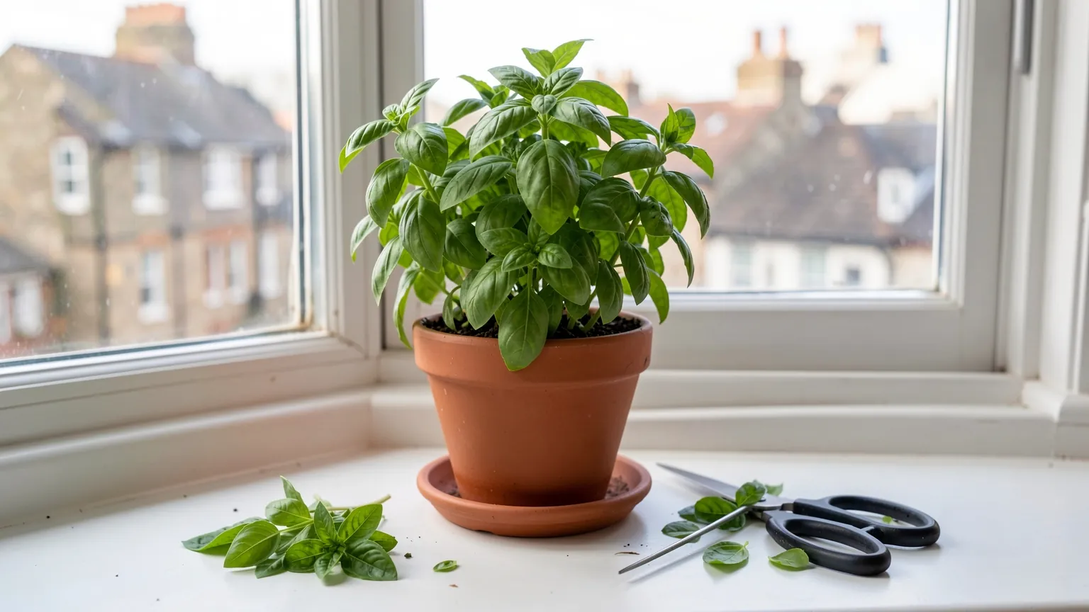 A bushy basil plant in a terracotta pot on a bright kitchen windowsill