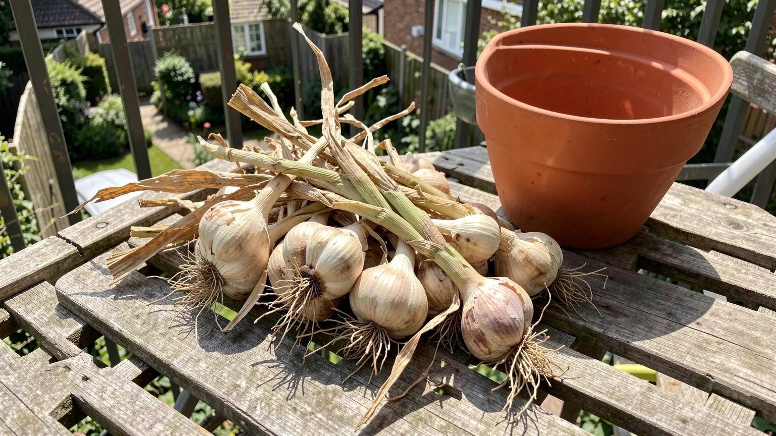 Freshly harvested garlic bulbs drying on a wooden bench