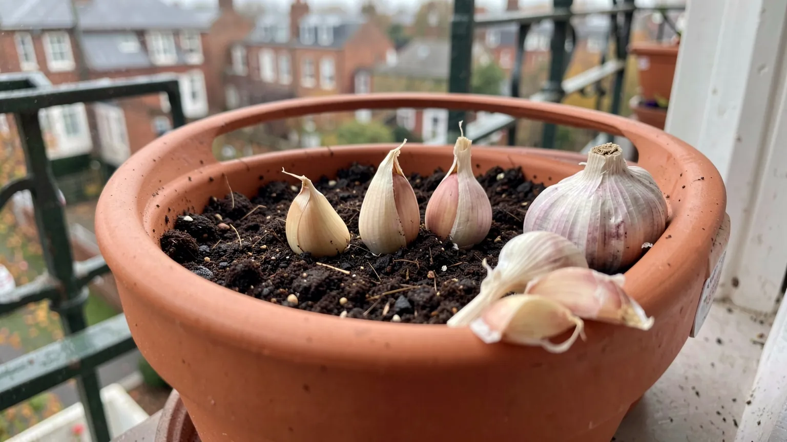 Garlic cloves being planted pointed end up in a terracotta pot on a balcony