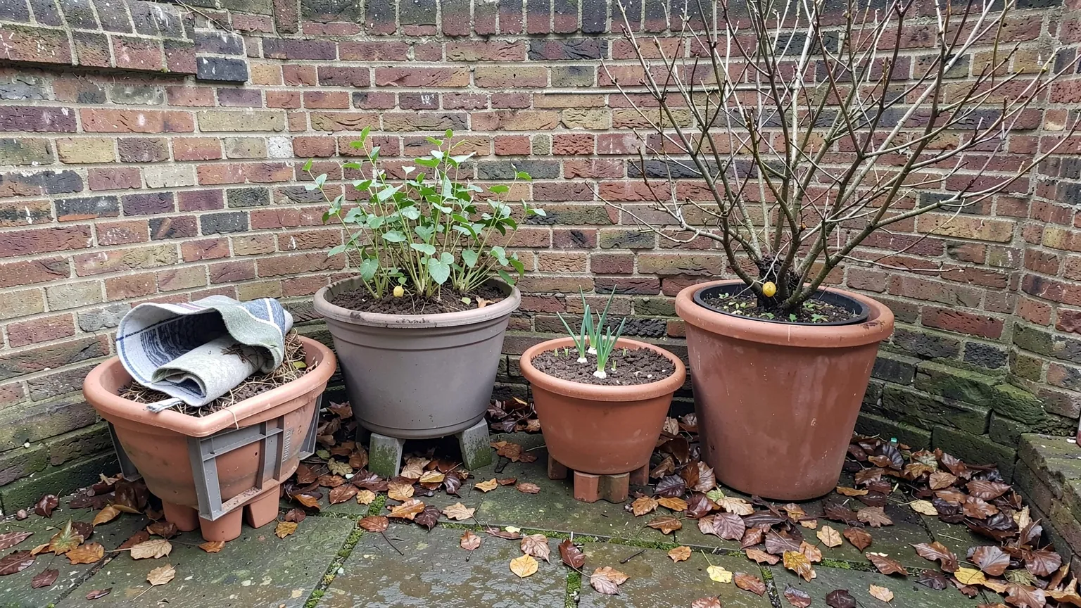 Containers of young broad beans, garlic and a dormant fruit bush grouped against a sheltered brick wall in November